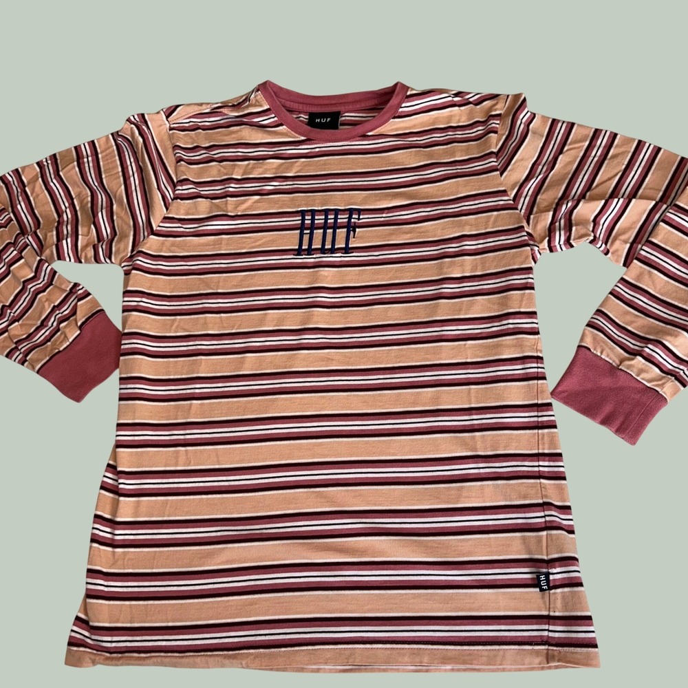 HUF Mens Striped Long Sleeve T-Shirt Peach Burgundy Embroidered Logo Size M